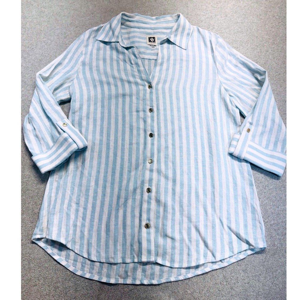 Anne Klein Button Down Womens‎ XS Light Blue Striped Linen Roll Tab Sleeve Shirt